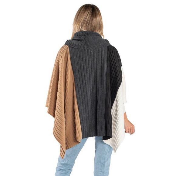 Le Moda Fleece Pleated Cowl Neck Cape Wrap Poncho One Size (L-XL) Beige Charcoal - Picture 4 of 5